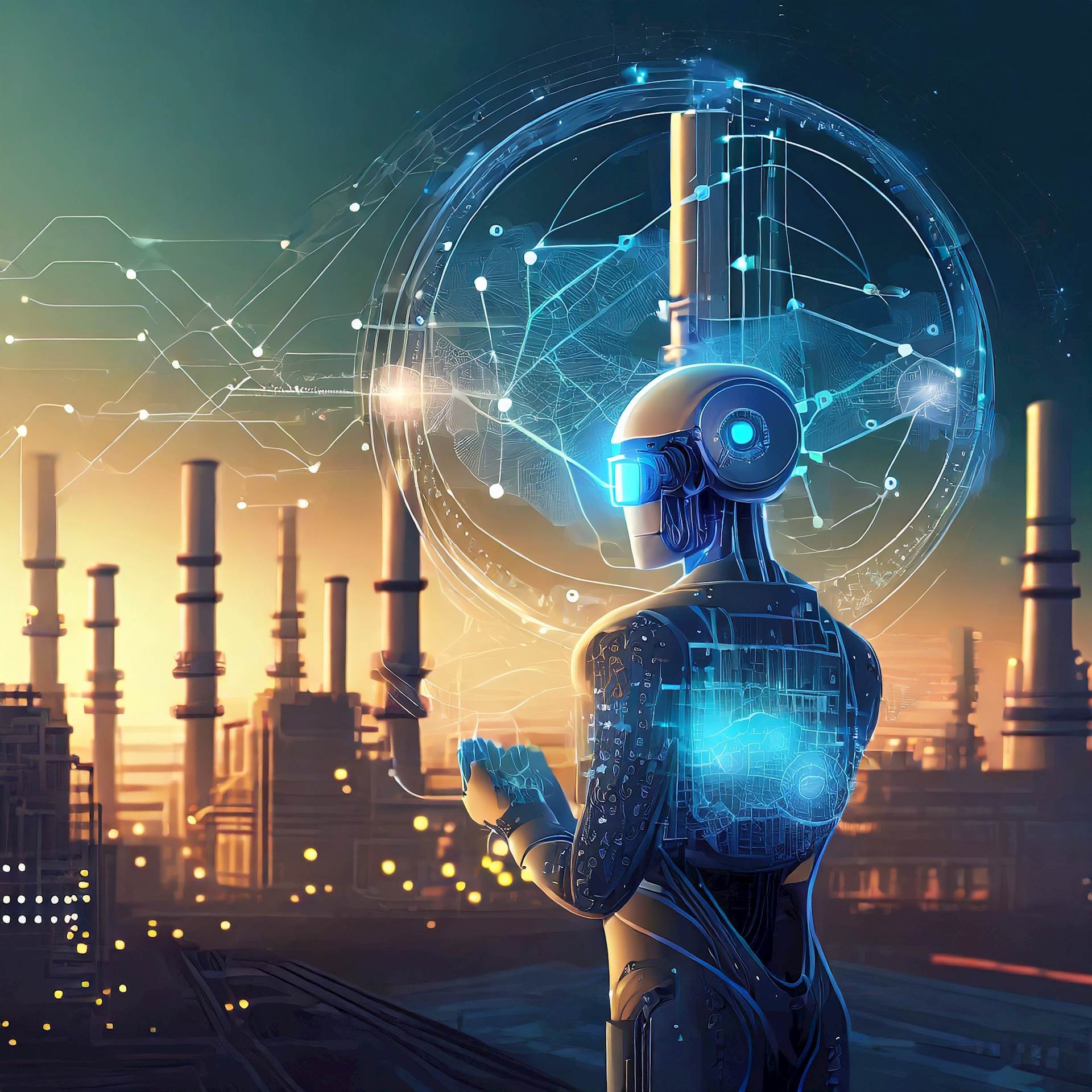 An artificial intelligence-generated illustration of a robot holding its hands out in front of itself while projecting an image that looks like a map. The robot is looking toward buildings that are industrial in appearance.