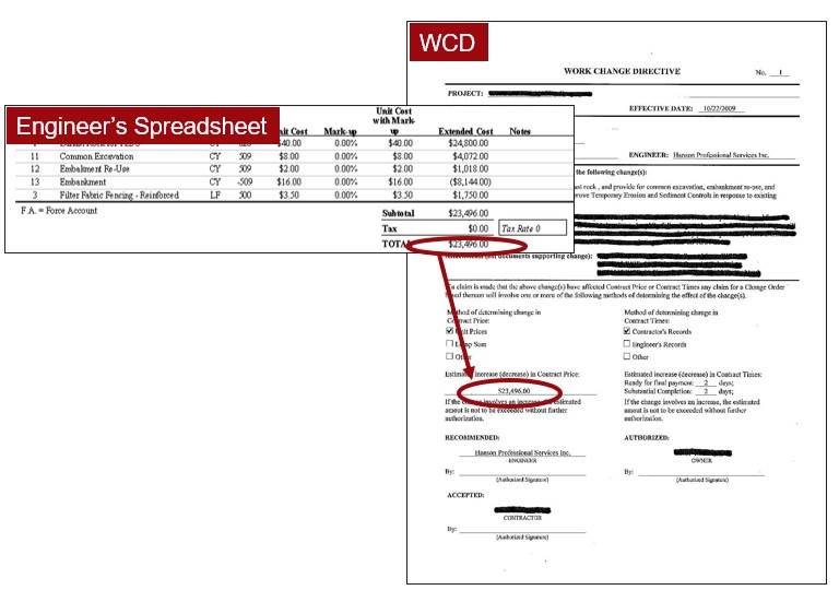 An example of a work change directive and its associated engineer’s spreadsheet.