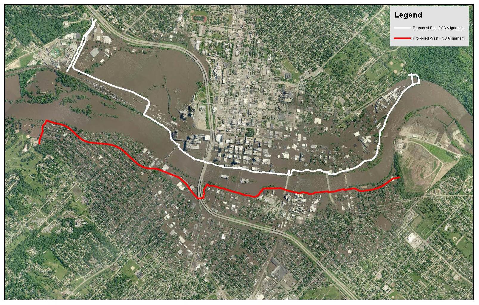 Aerial map of Cedar Rapids with lines representing proposed new flood control system alignments