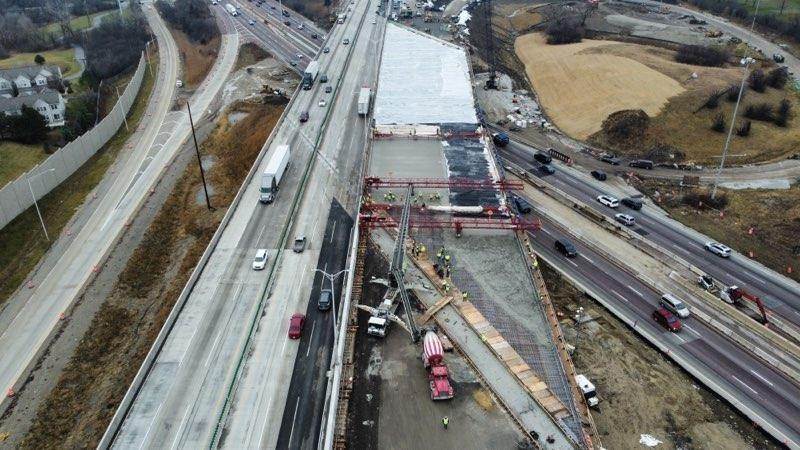 Aerial photo of construction being performed on an interstate