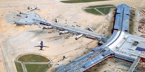 Aerial view of an exterior airport passenger gate