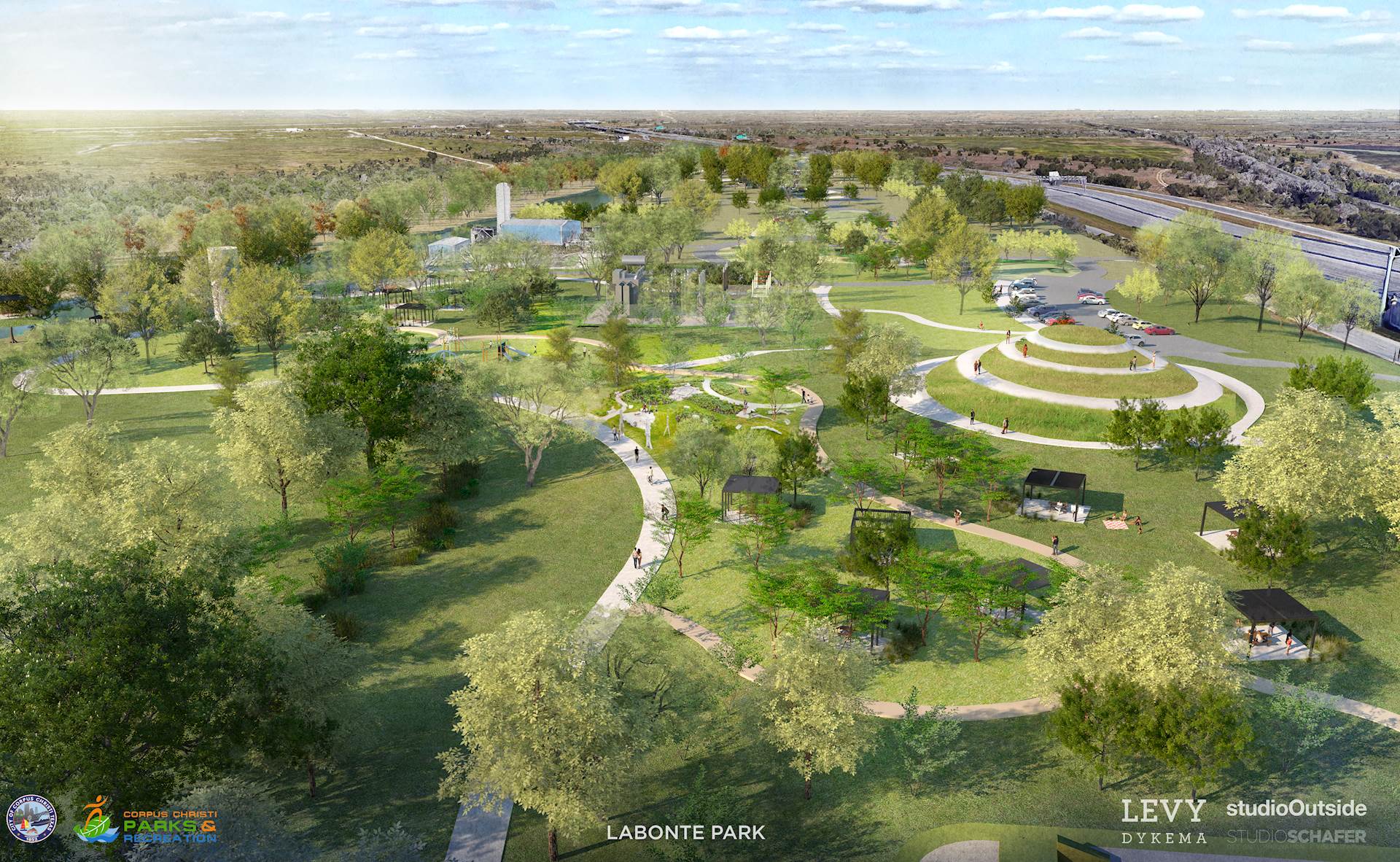 Aerial architectural rendering of green park with walking trails and trees.