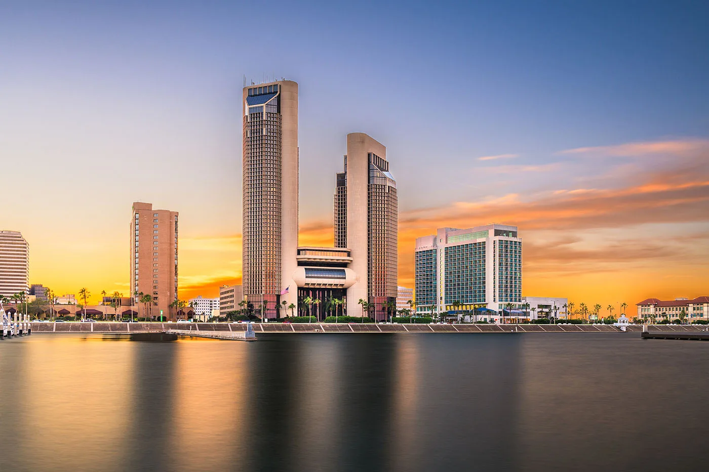 Skyline photo of Corpus Christi, Texas, at sunset