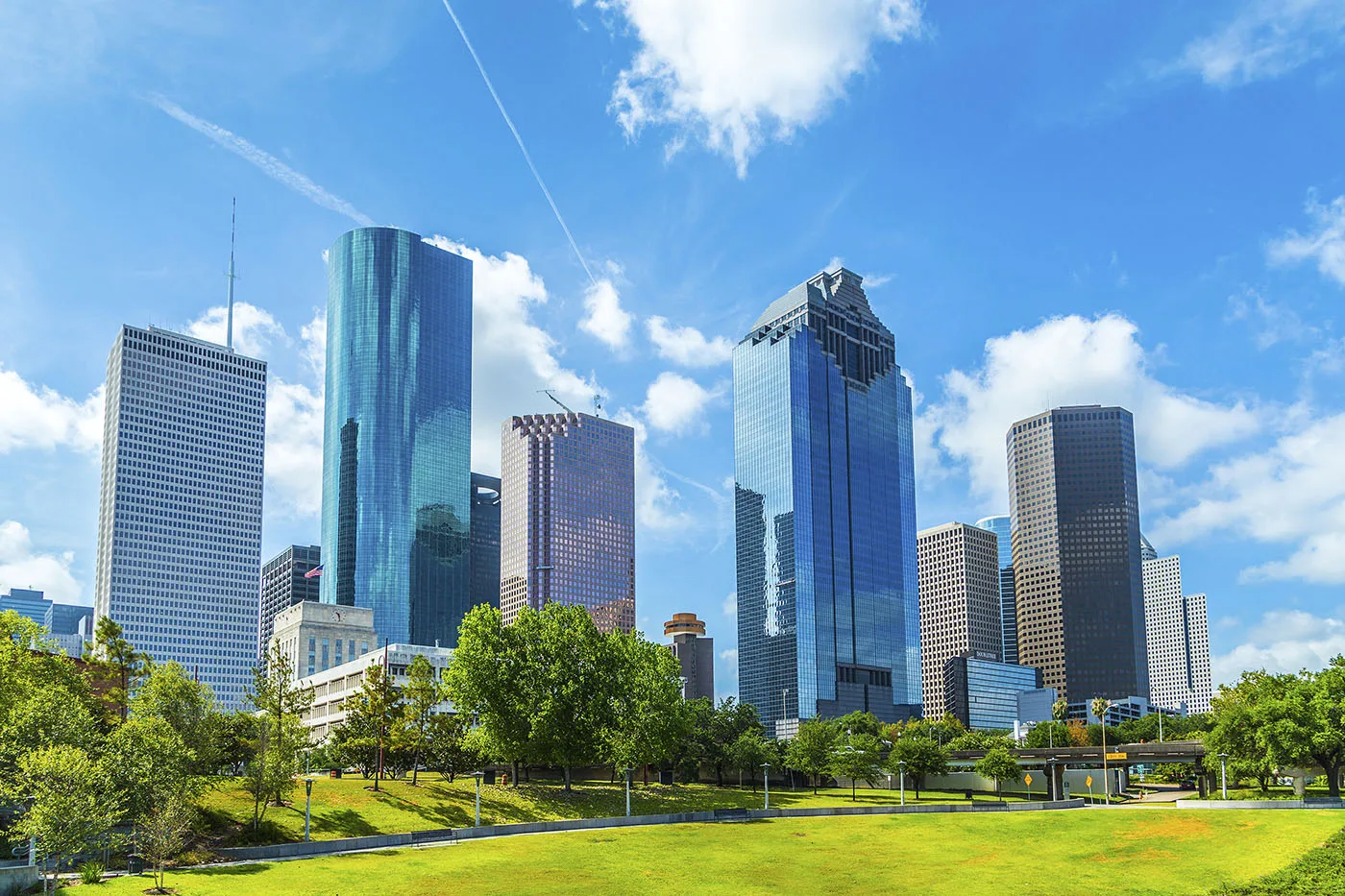 Skyline of Houston Texas in daytime under blue sky