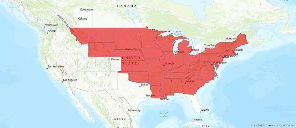 A map of the United States with a highlighted area that covers 37 states from the northwest to southeast regions.
