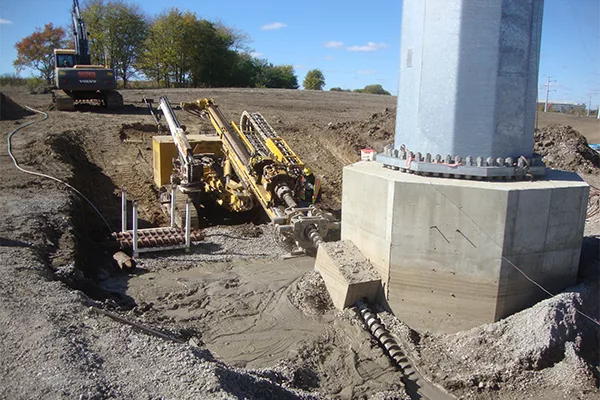 Hanson’s foundation designs have included soil tie back-augmented drilled piers, decreasing the amount of concrete and reinforcement for high-angle monopole structures.
