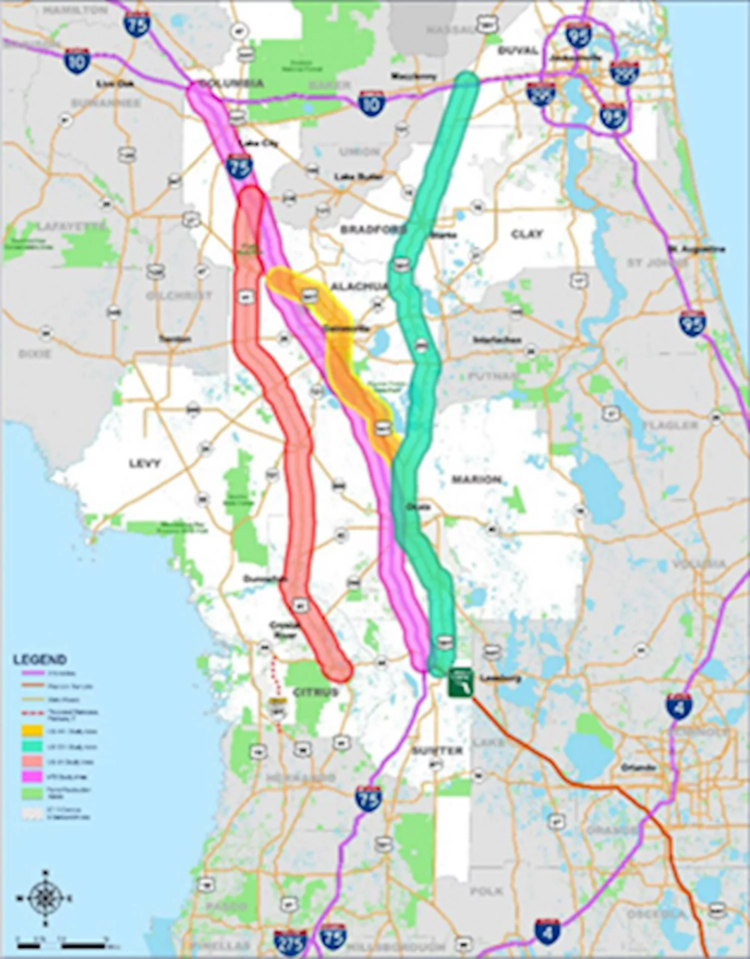 This map shows three corridors that were studied as potential alternatives to Interstate 75.