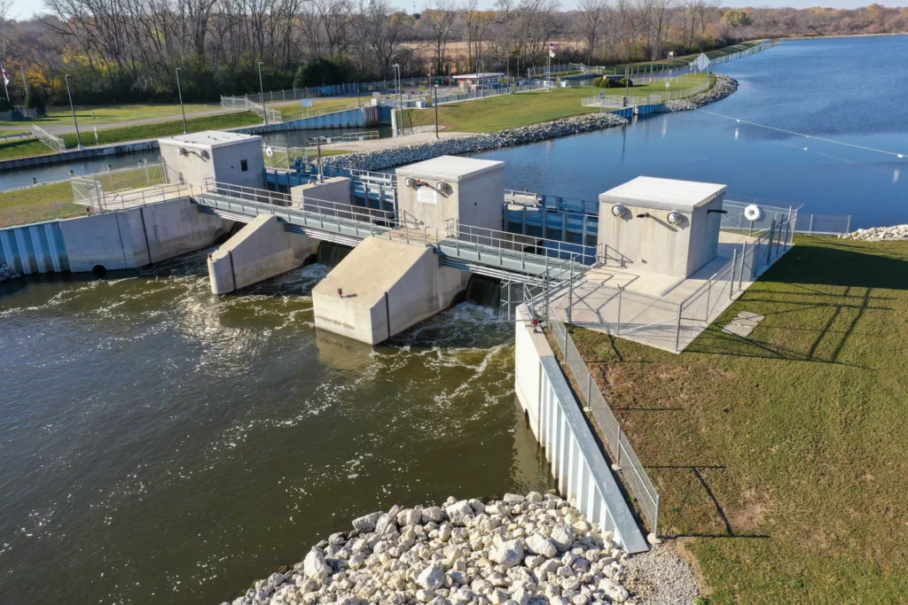 Aerial view of Stratton Lock and Dam