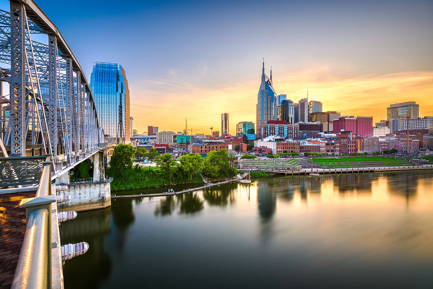 Nashville, Tennessee, USA downtown city skyline at dusk on the Cumberland River.