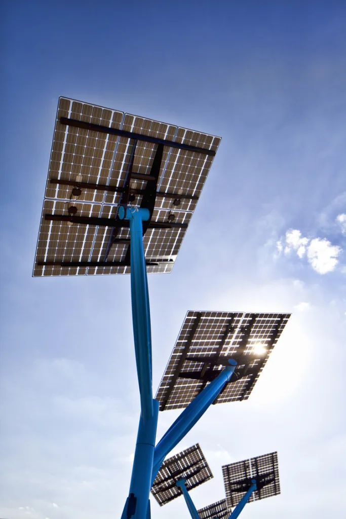 Solar panels with blue sky in background