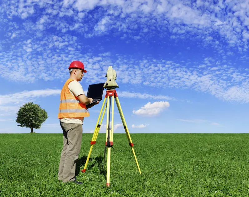 Land surveyor with equipment on green field. The picture was made from three big photos and downsized for better quality.