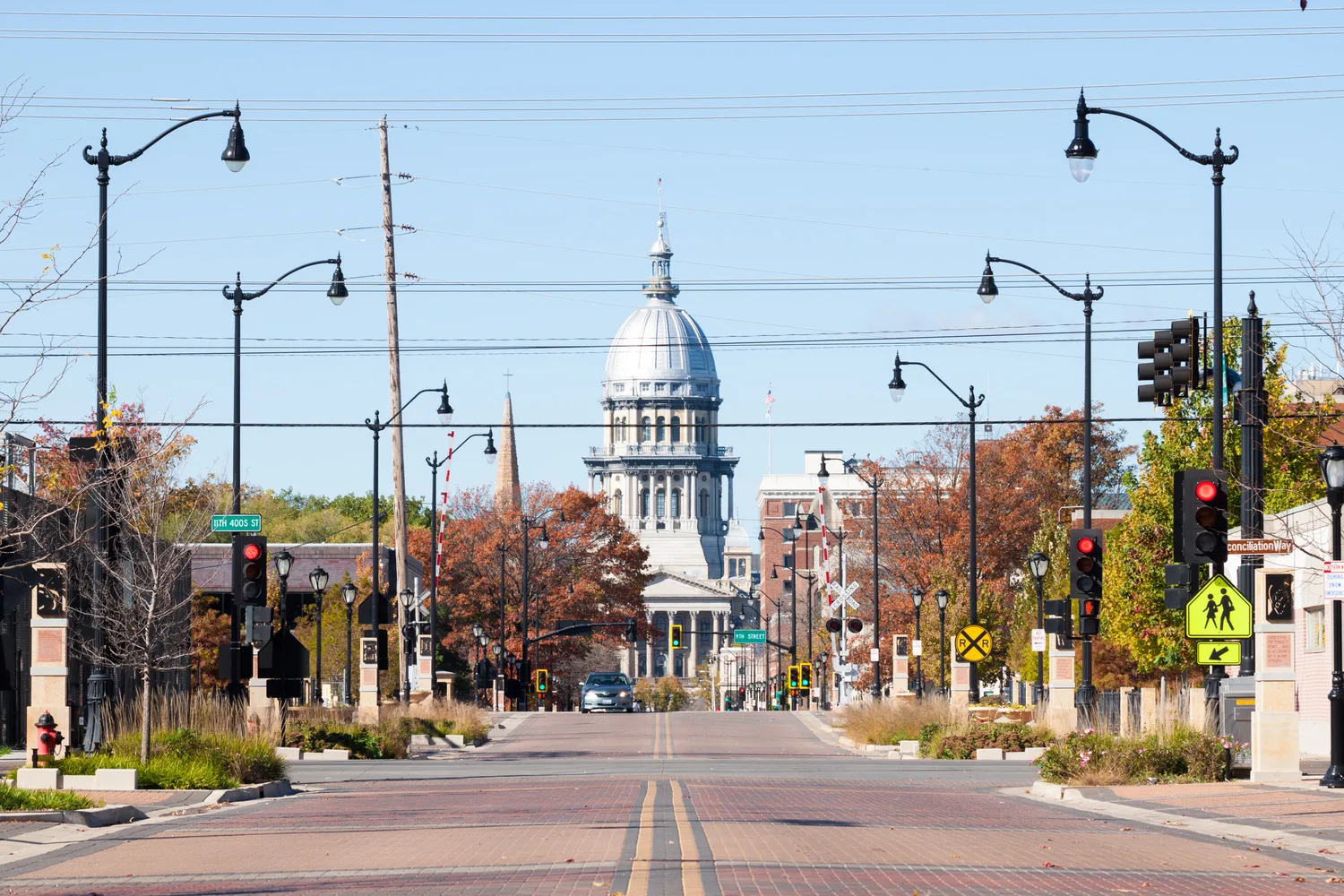 View to the west down Capitol Avenue showing streetscape improvements, with Illinois State Capitol building in background, in Springfield, Illinois