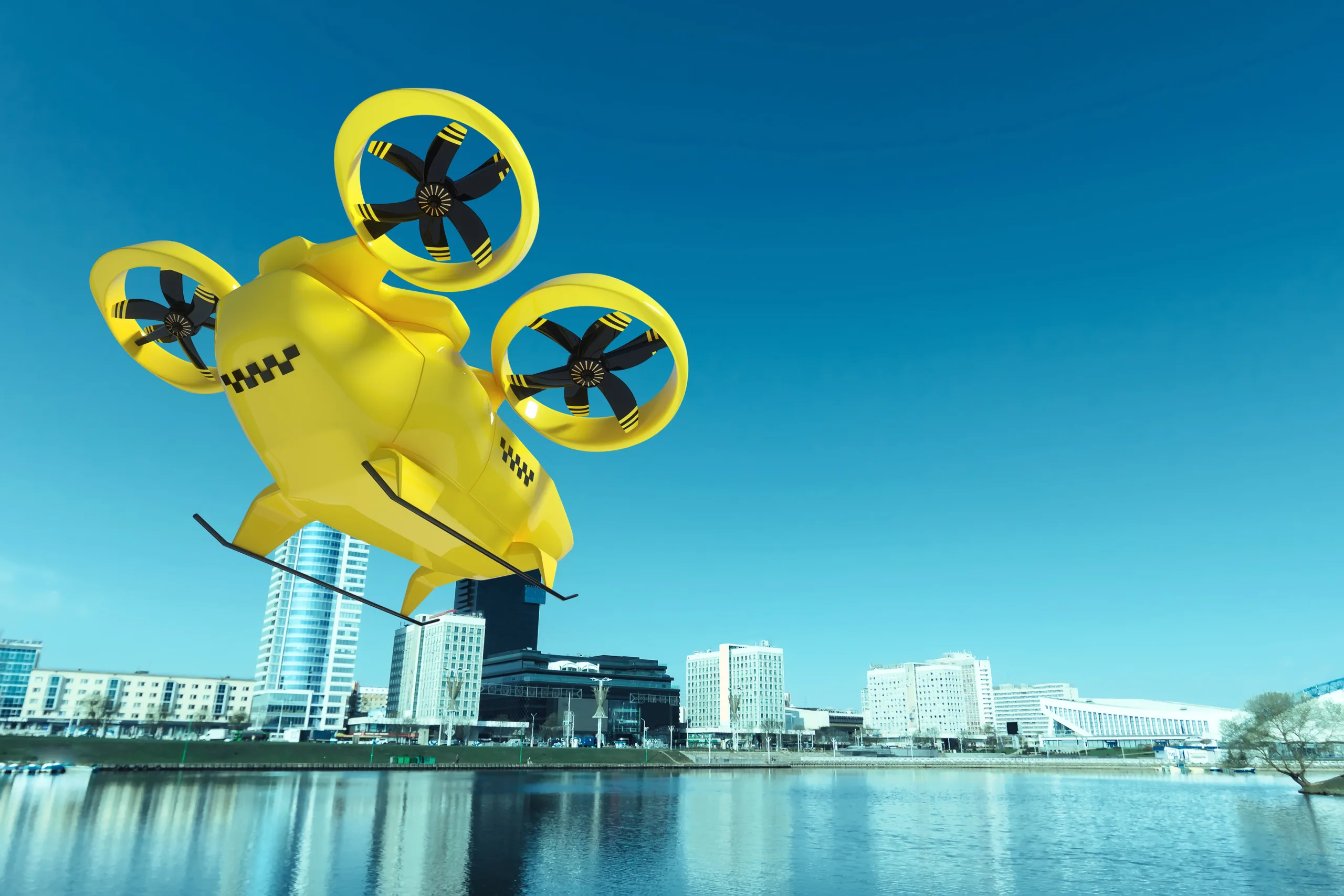 Yellow flying taxi against the sky, city electric transport drone. Car with propellers, clean air, fast ride.