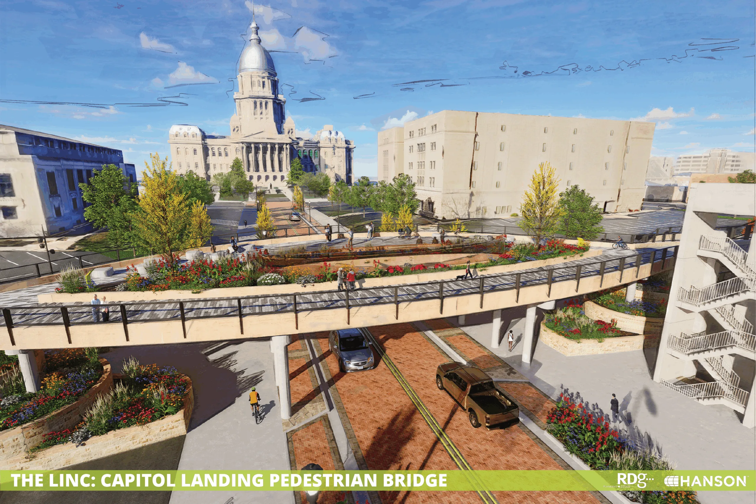 Rendering of a roadway with a pedestrian bridge and capital building in the background
