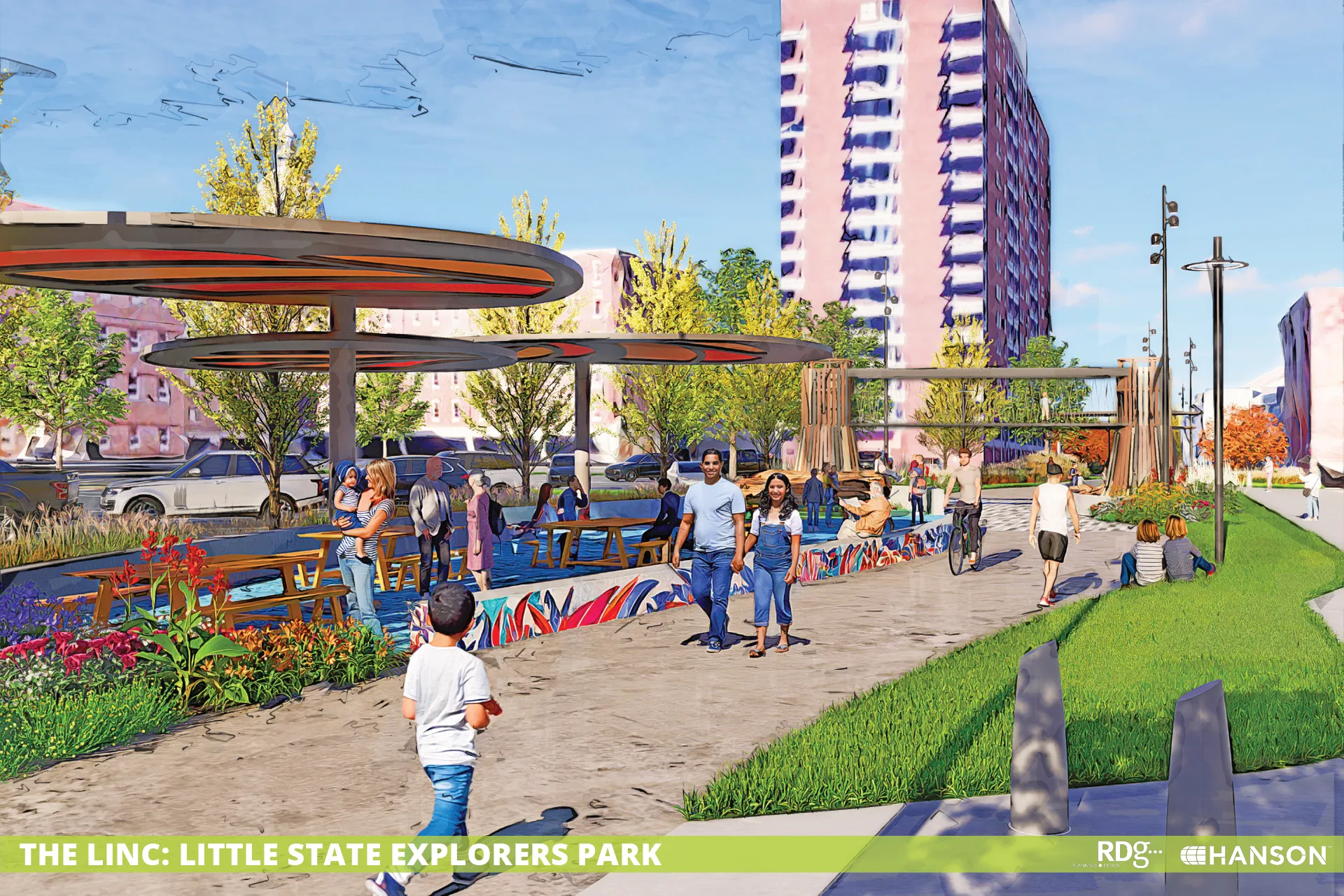 Rendering of people walking on path, with picnic tables, shades and colorful flowers; building in background