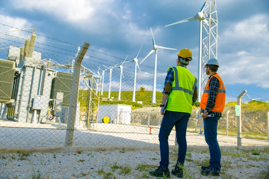 Young workers checking wind turbines at field