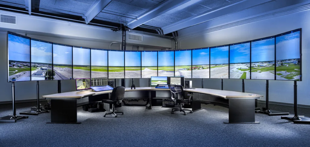 View of the inside of a digital tower control center, with 10 vertical monitors showing an airfield