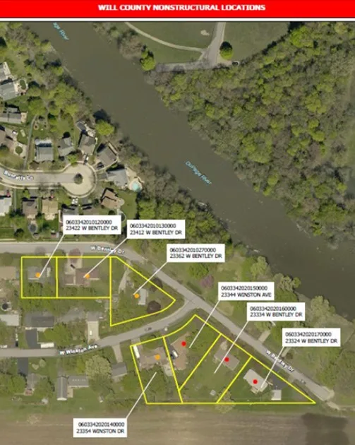 Aerial map of properties showing Data Universal Numbering System 1 group homes. Yellow boxes around each property and white boxes with numbers and street addresses