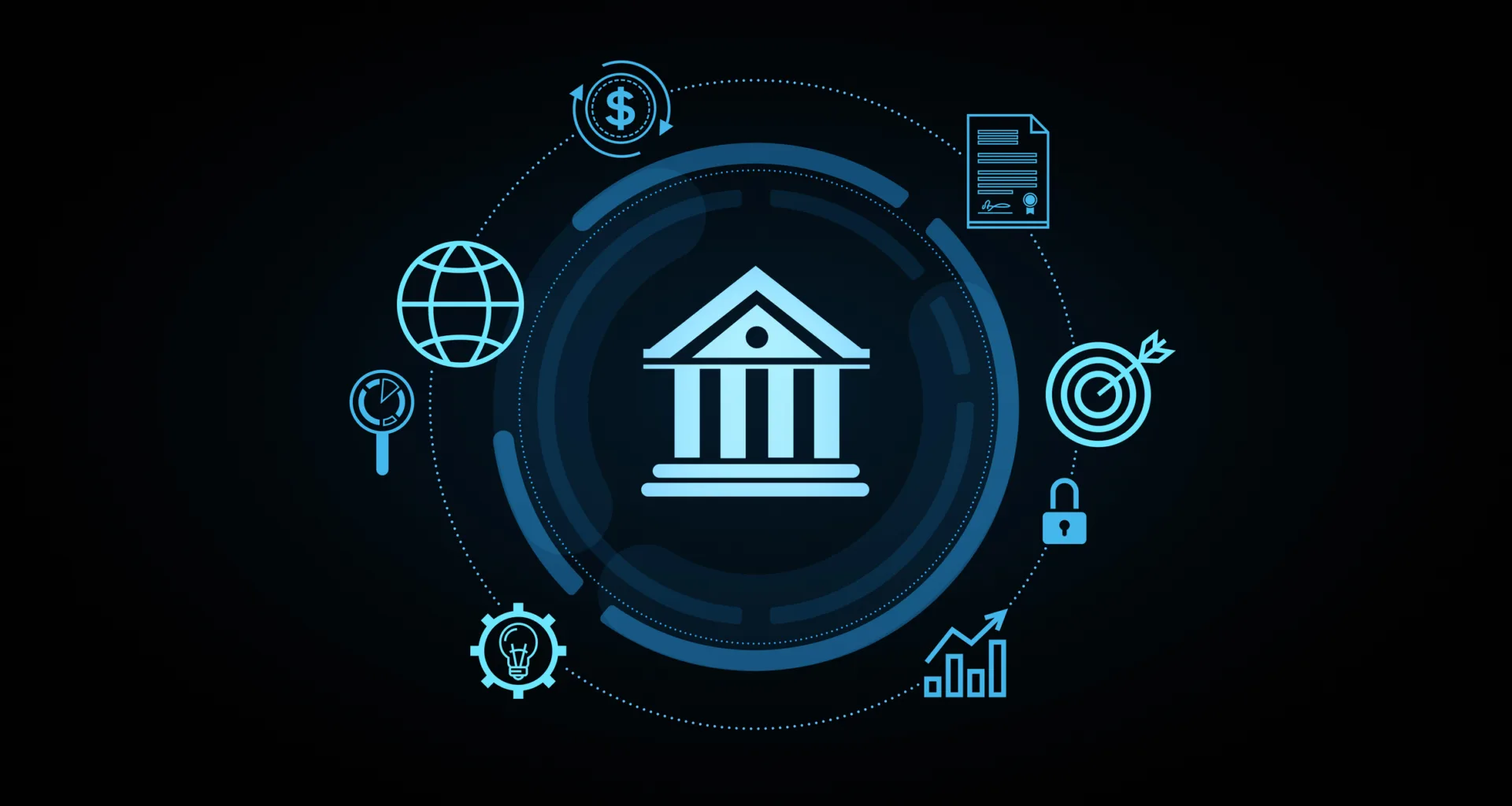 Digital banking concept with glowing bank icon surrounded by financial and technology icons, including security, growth, and global network. 3D Rendering