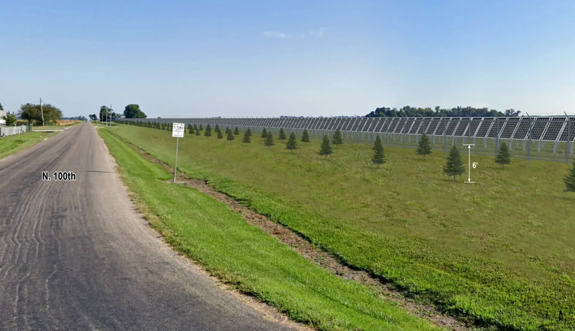 Rendering of a roadway with grass and small trees to the left, behind which is a long row of solar panels