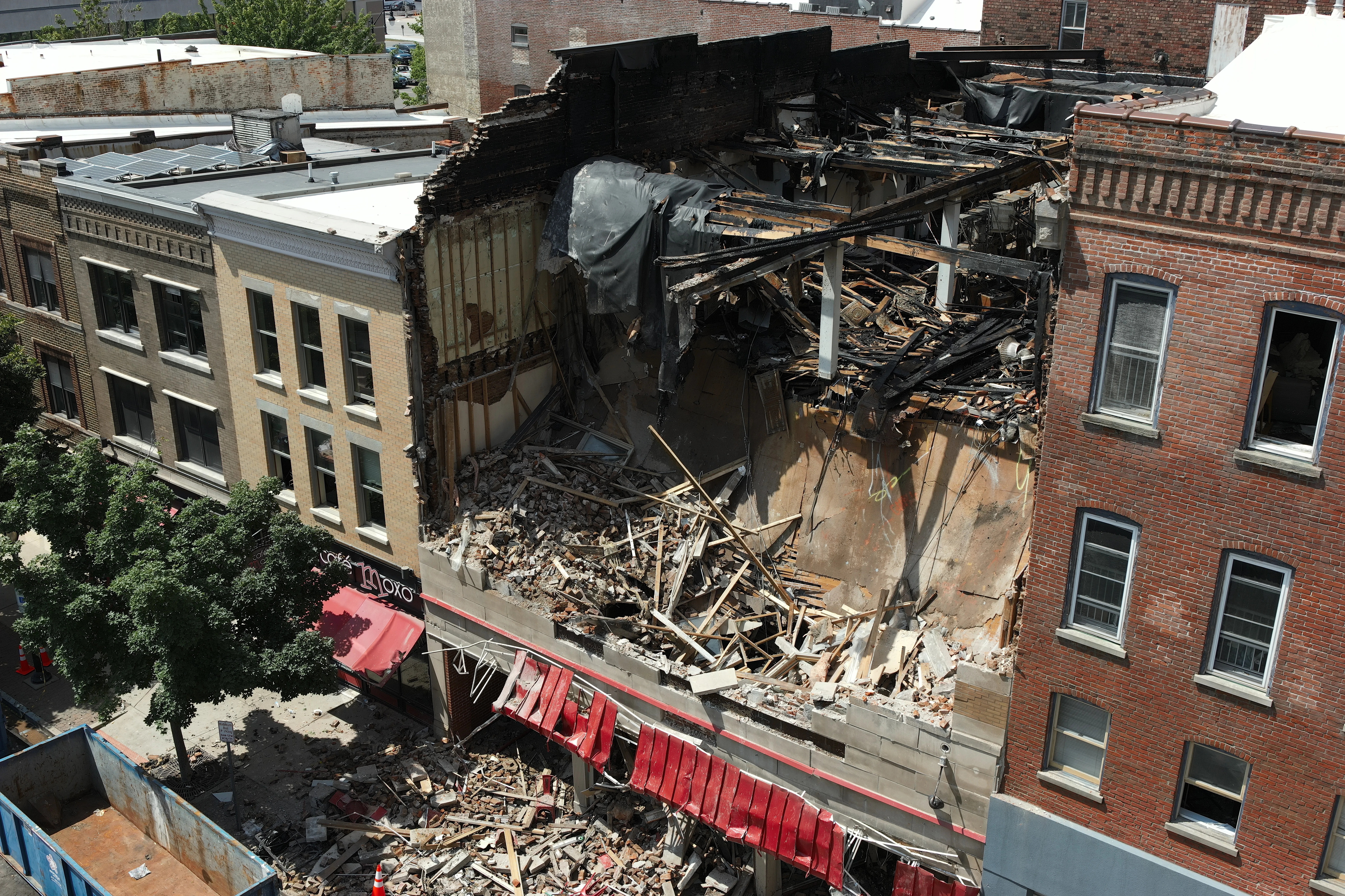 Aerial view of a building destroyed by fire