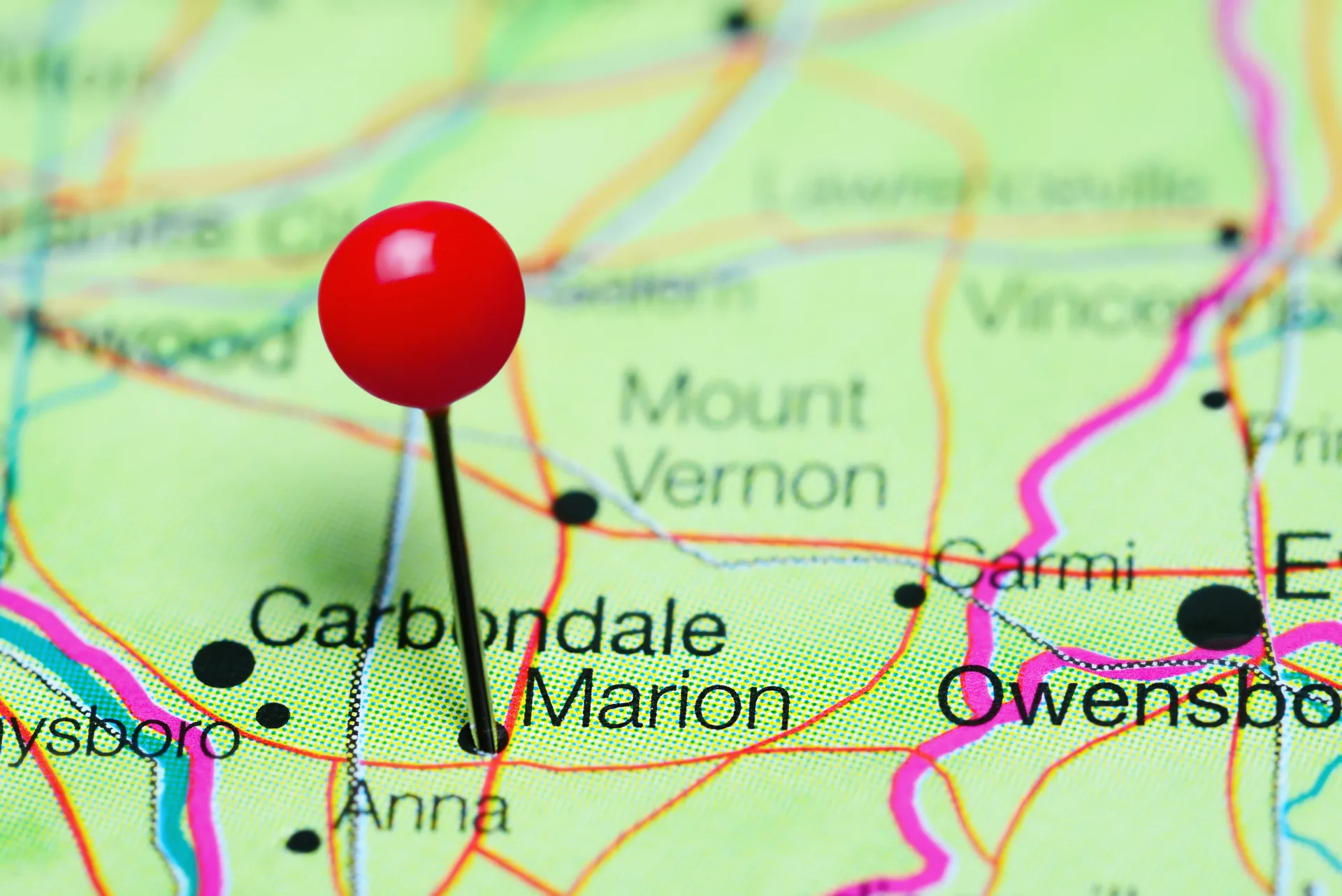 Marion pinned on a map of Illinois, USA