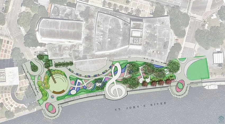 Rendering of a park along a riverside, with a musical note at center and greenery throughout