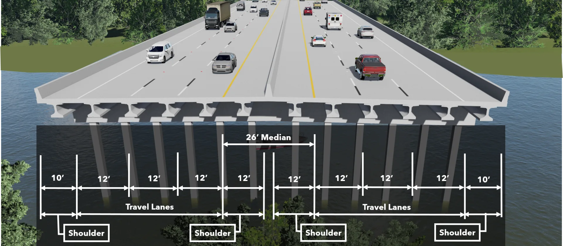 Rendering of a roadway over a river with vehicles traveling in both directions