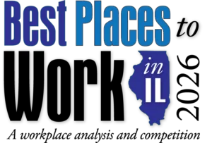 Logo, "Best Places to Work in Illinois, 2026: A workplace analysis and competition" with blue and black typography