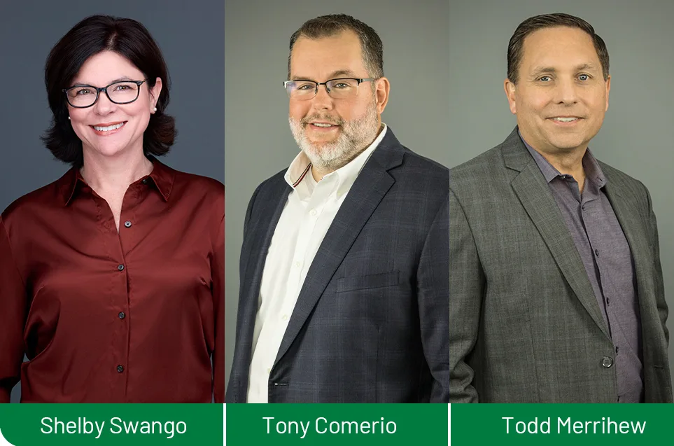 portraits of Shelby Swango, Tony Comerio and Todd Merrihew