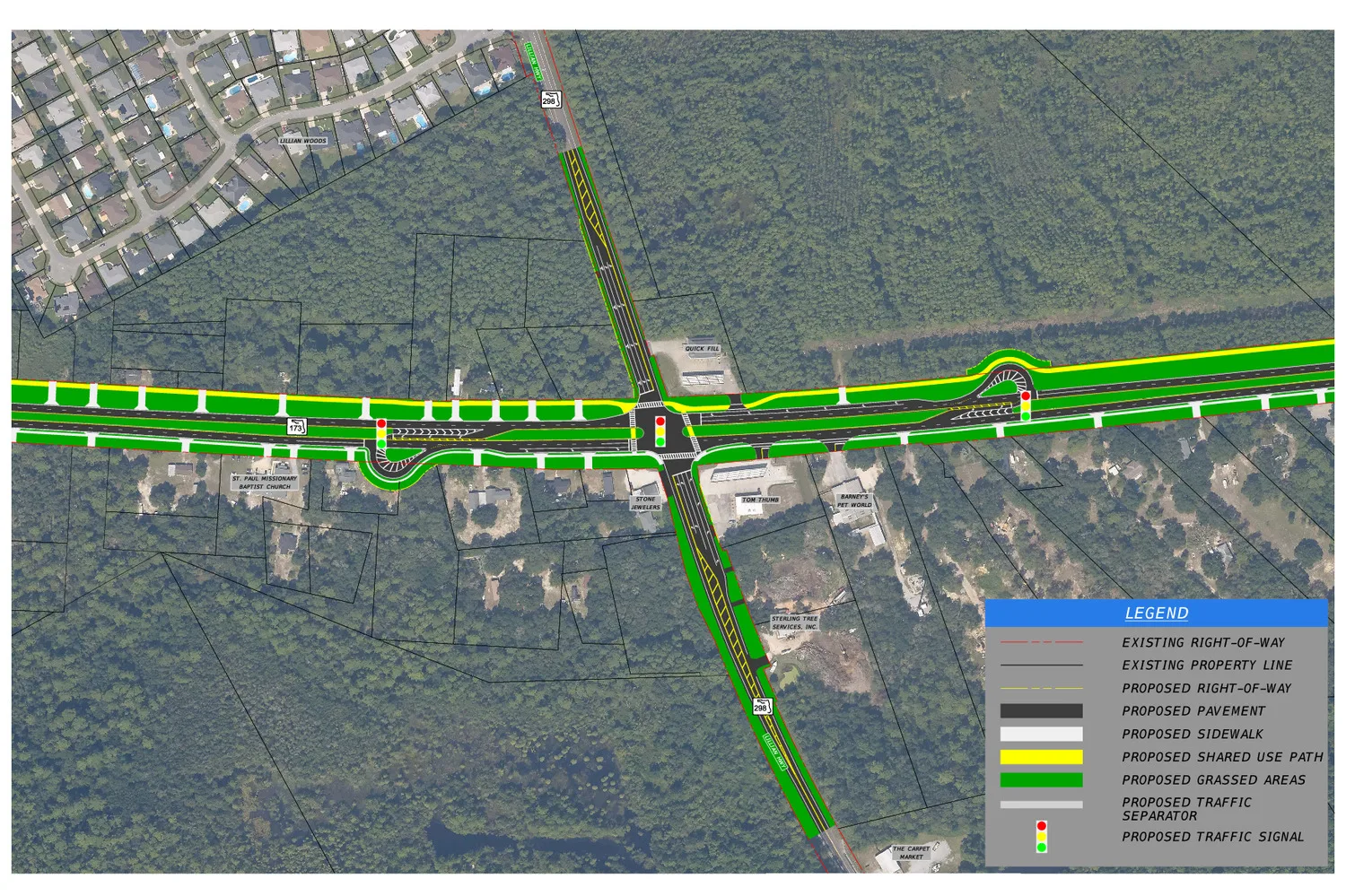 Aerial rendering of construction plans on roadway surrounded by trees and grass with a few building structures