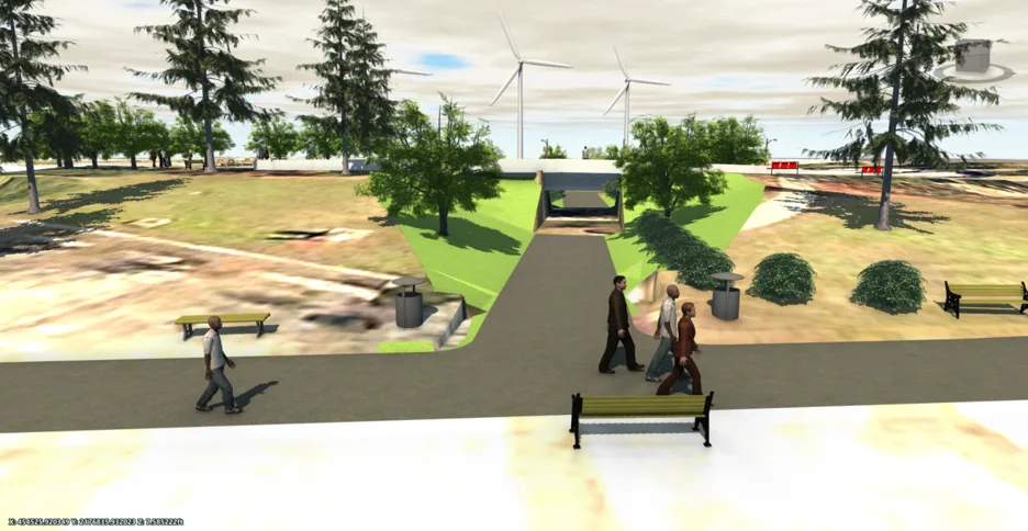 Rendering of a park with people walking on sidewalk in foreground and bridge and windmills in background