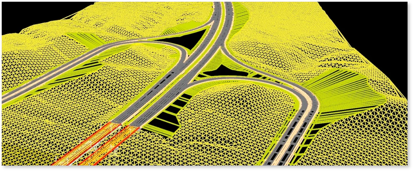 Model with yellow criss-crossing lines on top of black background