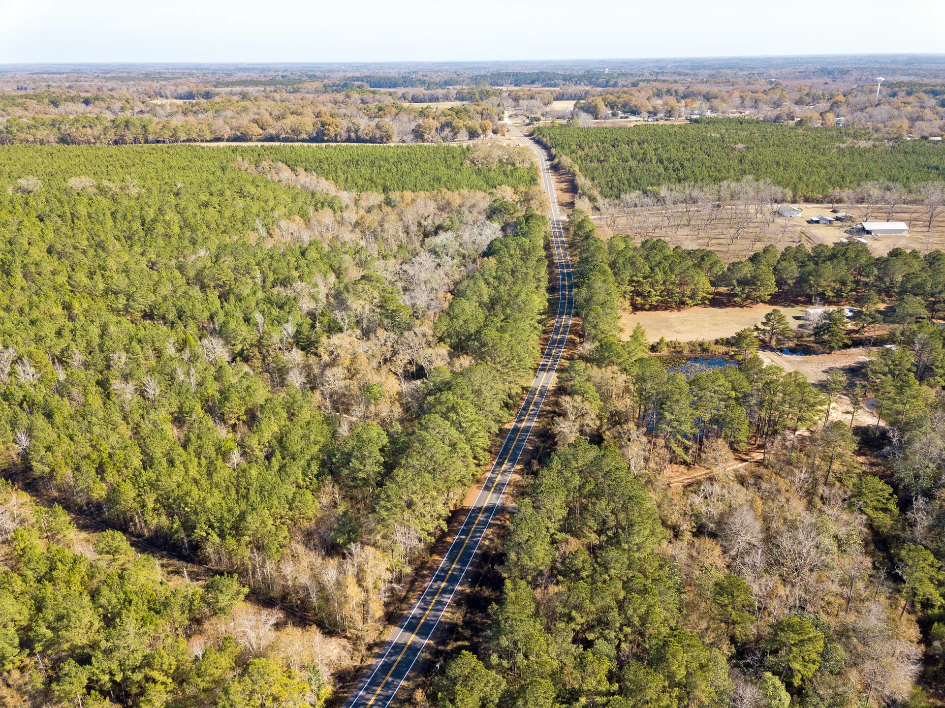 Aerial photo of two-lane roadway with green trees on either side and in distance