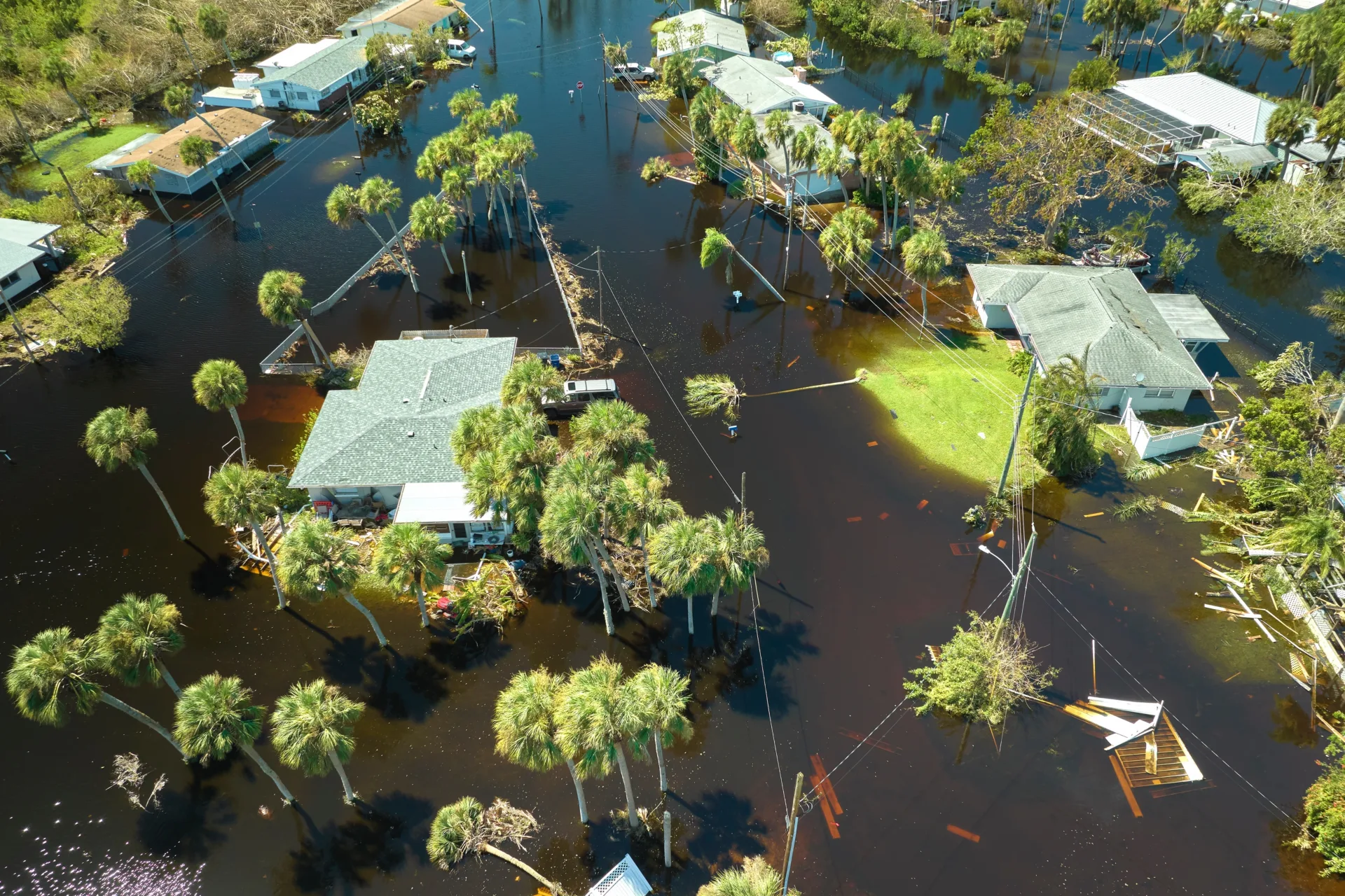 Aerial photo of Hurricane Ian Flooded Houses In Florida Residential Area.
