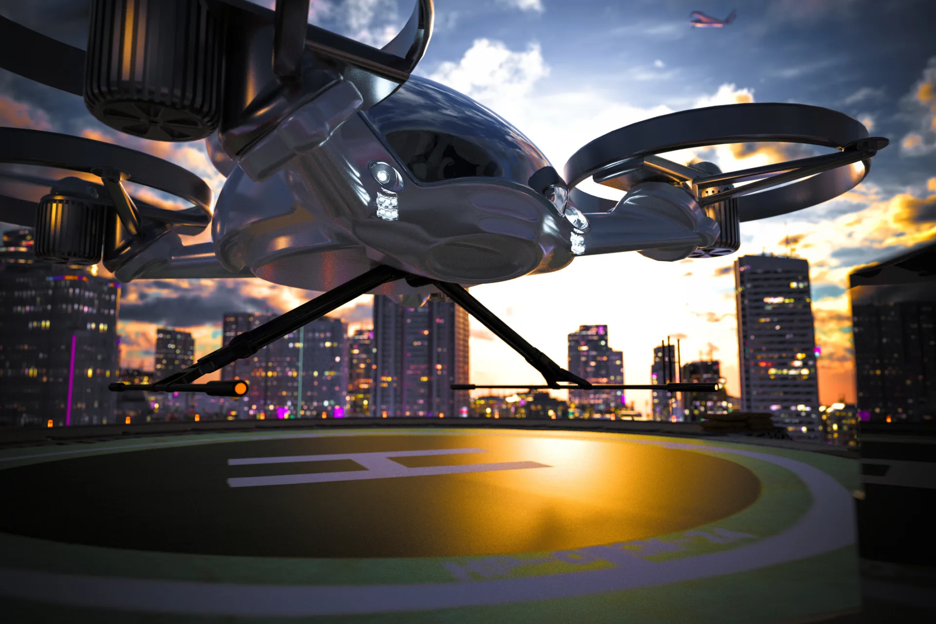 eVTOL ready to land on the roof tarmac at sunset; large-city skyline in background