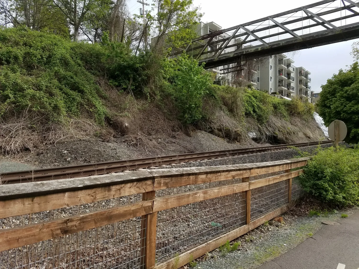Side view of railroad tracks passing under pedestrian bridge with fence in foreground and trees and a building in background