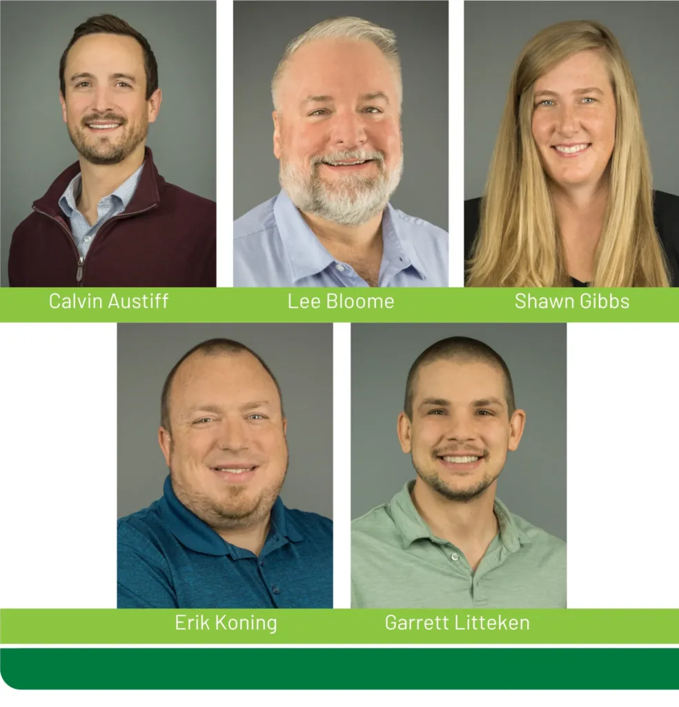 headshots of Calvin Austiff, Lee Bloome, Shawn Gibbs, Erik Koning, Garrett Litteken