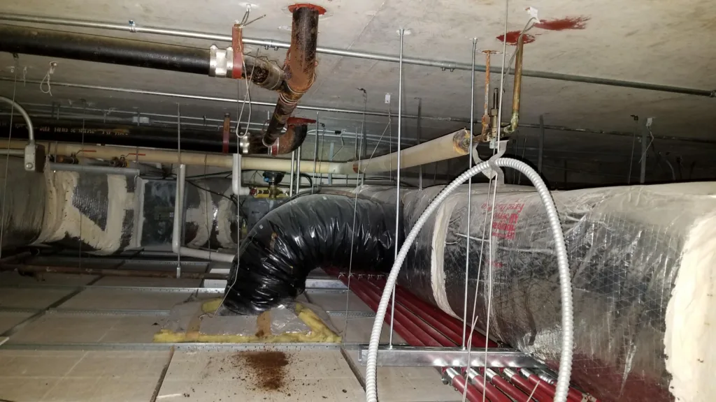 Crawl space with various water and mechanical piping of differing sizes