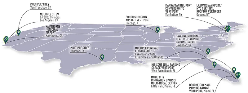 flat view of map with heading at top reading, Locations of AAM planning and advisory work. Sites labeled from left to right: Multiple sites in San Francisco, California; Multiple sites in Los Angeles, California, including the LA 2028 Olympics; Hawthorne Municipal Airport in Hawthorne, California; multiple sites in Houston, Texas; South Suburban Airport vertiport in Chicago, Illinois; multiple central Florida sites, including Lake Buena Vista, Kissimmee and Orlando; Hibiscus Mall parking garage vertiport in West Palm Beach, Florida; Magic City Innovation District Multi-modal Center in Little Haiti, Miami, Florida; Brookfield Mall parking garage vertiport, Miami, Florida; Savannah/Hilton Head International Airport parking garage, Savannah, Georgia; Manhattan Heliport conversion to heliport, Manhattan, New York; and Laguardia Airport NYC Terminal rooftop vertiport, Queens, New York