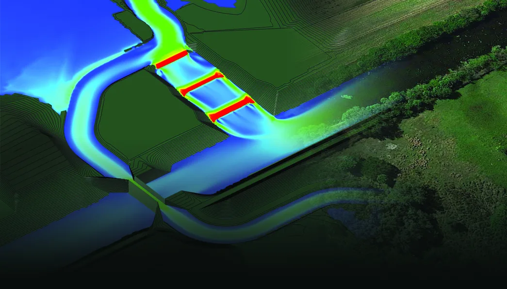 Aerial image of waterway with hydraulics markings in shades of red, green and blue