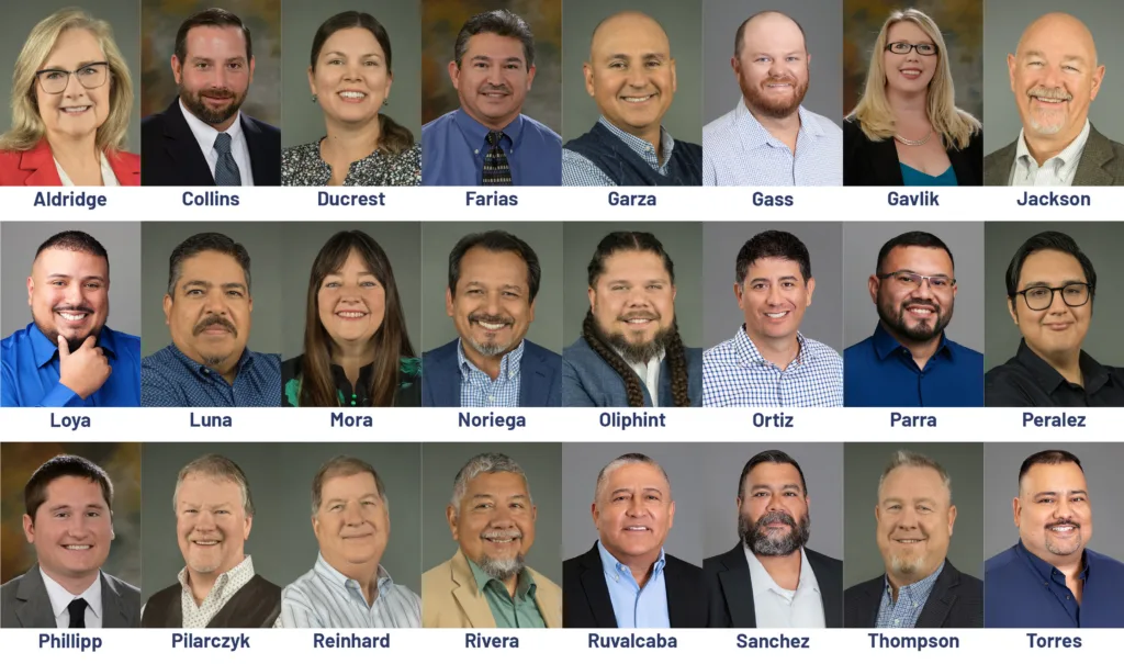 headshots of Anna Aldridge, Scot Collins, Tara Ducrest, Adam Farias, Joe Garza, Tad Gass, Melanie Gavlik, Grant Jackson, Miguel Loya, Marcos Luna, Stacey Mora, Armando Noriega, Courtney Oliphint, Gabriel Ortiz, Jerry Parra, Ruben Peralez, Colton Phillipp, Paul Pilarczyk, Jon Reinhard, Willie Rivera, Bruno Ruvalcaba, Mario Sanchez, Craig Thompson and Daniel Torres
