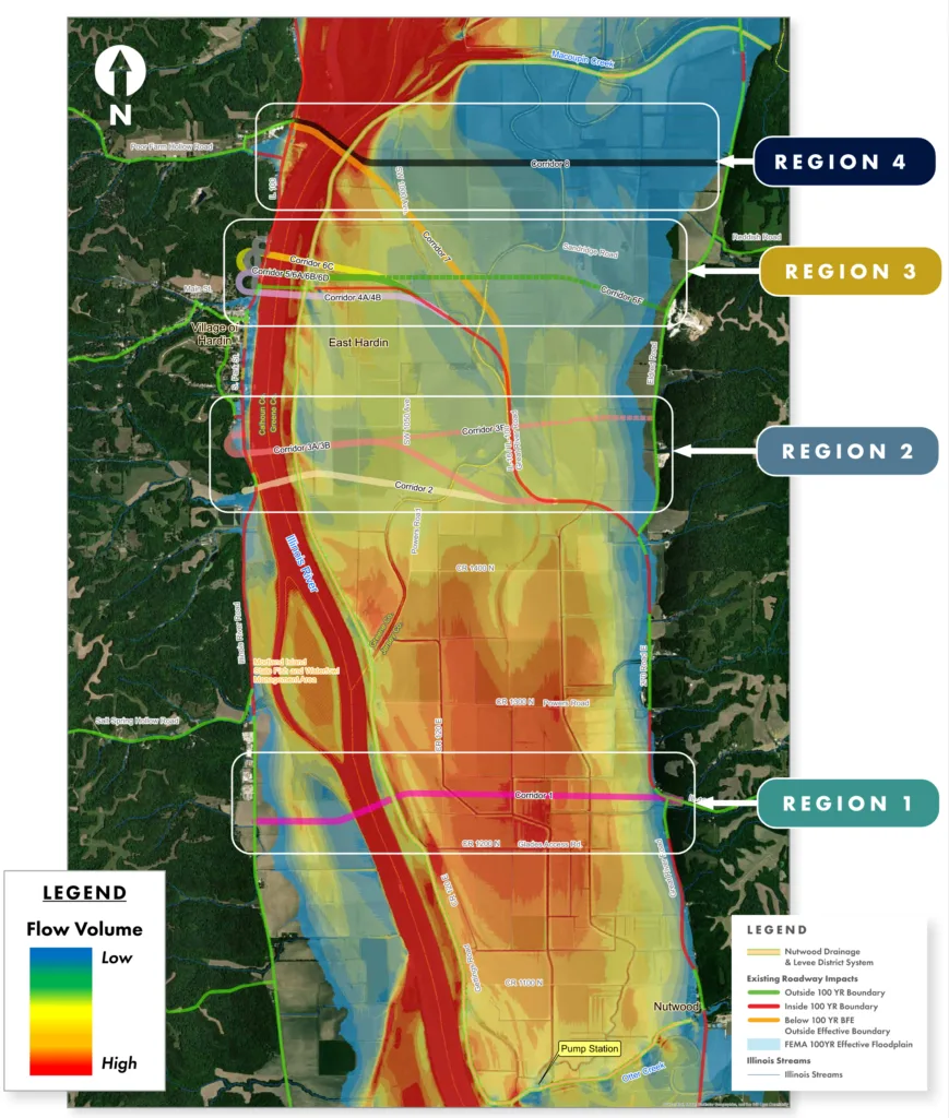 Flow volume chart of river with legends in lower left and right corners and four labels reading, "Region 1, Region 2, Region 3 and Region 4." Colors of flow volume range from red, orange and yellow to green and blue.